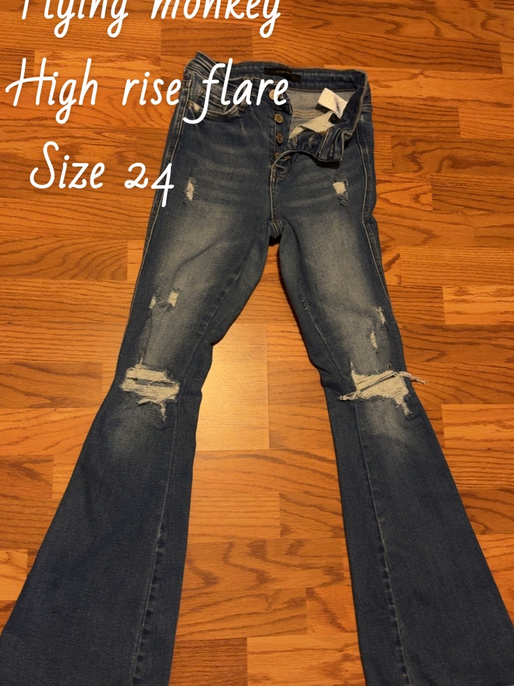 Flying Monkey Distressed Medium Blue High-Rise Flare Jeans